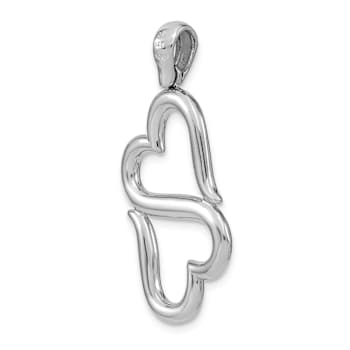 Rhodium Over 14k White Gold 3D Solid Double Hanging Hearts Pendant
