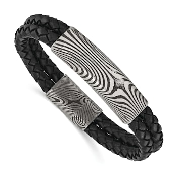 Black Leather and Stainless Steel with Damascus Steel Bracelet