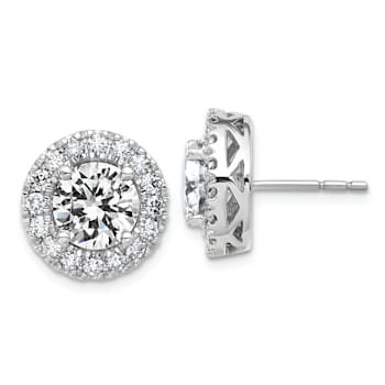 Rhodium Over 14K White Gold Round Halo G H I True Light Moissanite Earrings