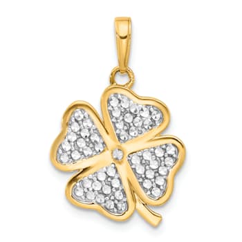 14K Yellow Gold with White Rhodium Polished and Diamond-Cut 4-Leaf
Clover Pendant