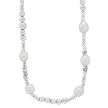 8-11mm Round White Freshwater Pearl and Sterling Silver Beads Station Necklace