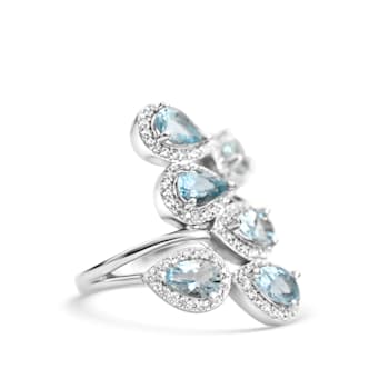 Rhodium Over Sterling Silver Pear Shape Aquamarine and White Zircon Ring 2.98ctw