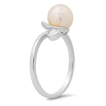 White Cubic Zirconia and 8mm Cultured Freshwater Pearl Rhodium Over
Sterling Silver Cat Ring 0.10ctw