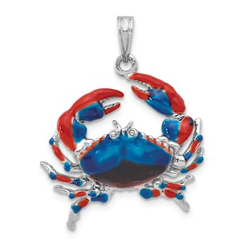 Rhodium Over Sterling Silver Polished Enameled Blue Stone Crab Pendant
