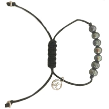 6-7MM Round Black Freshwater Pearl Black Cord Bolo Bracelet with
Stainless Steel Accent Tag