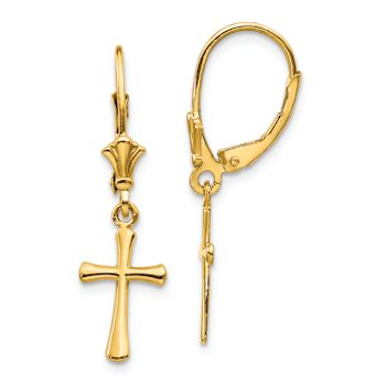 14k Yellow Gold Polished Cross Dangle Earrings
