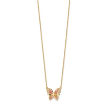 14K Yellow Gold Polished Diamond-cut with Pink Enamel Butterfly Necklace