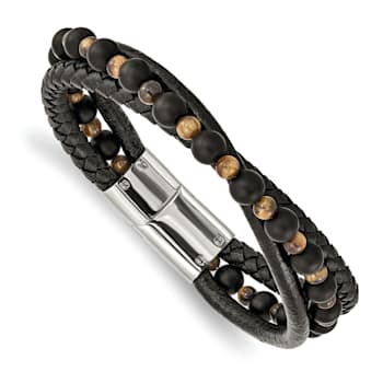 Leather and Stainless Steel Polished with Tiger's Eye and Black Agate
8.25-inch Bracelet