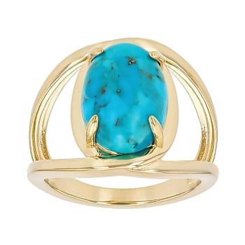 Turquoise Oval Solitaire Ring In 18K Gold Over Sterling Silver 14x10mm