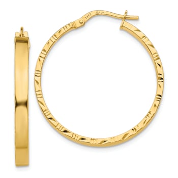 14k Yellow Gold Diamond-Cut Edge 1 1/4" Large Polished Hoop Earrings