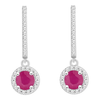 5mm Round Ruby 1/4 ctw Diamond Rhodium Over Sterling Silver Halo Dangle Earrings