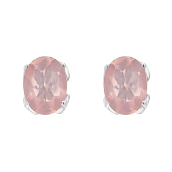 8x6mm Oval Rose Quartz Rhodium Over Sterling Silver Stud Earrings