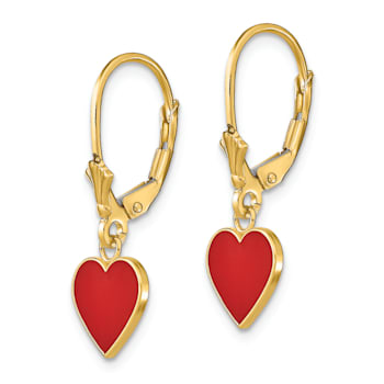 14K Yellow Gold Polished Enameled Heart Dangle Earrings
