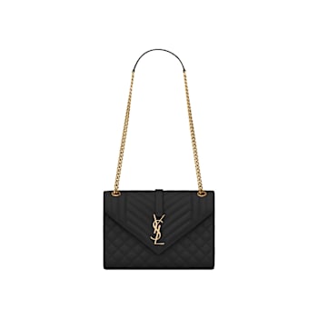 Yves Saint Laurent Envelope Medium in Quilted Grain de Poudre Embossed
Black Leather- Brass Accents
