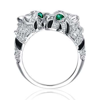 Emerald Color CZ Panther Bypass Ring In White Rhodium Over Brass