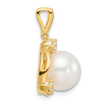 14K Yellow Gold Lab Grown Diamond and Freshwater Cultured Pearl Pendant 0.12ctw