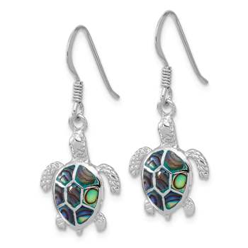 Rhodium Over Sterling Silver Polished Paua Shell Turtle Dangle Earrings
