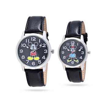 Disney Mickey and Minnie His and Hers Black Vegan Leather Band Watch Set
of 2