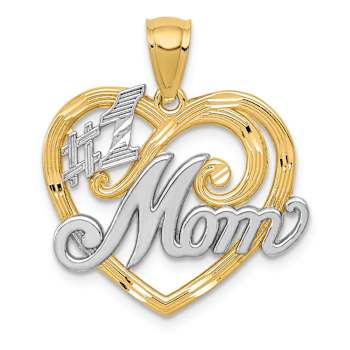 14K Two-tone Gold  Textured #1 MOM Heart Pendant