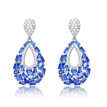 Sapphire Color CZ Pear Shape Drop Earrings In Sterling Silver
