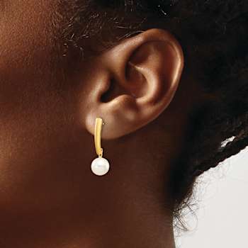 10k Yellow Gold 6-7mm White Round Freshwater Cultured Pearl Dangle Earrings
