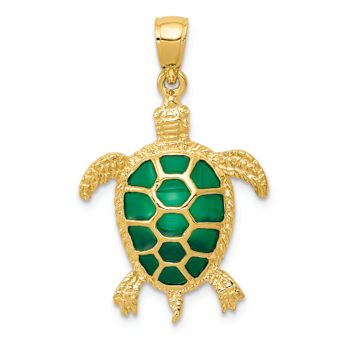 14k Yellow Gold Textured Green Enameled Sea Turtle Pendant