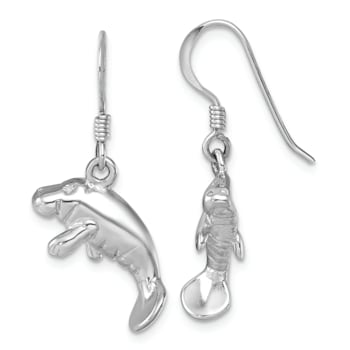 Rhodium Over Sterling Silver Polished Manatee Dangle Earrings