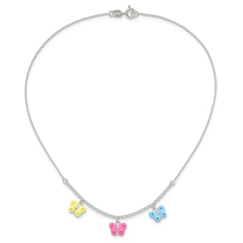 Sterling Silver Polished Enameled Three Butterfly Children's Necklace