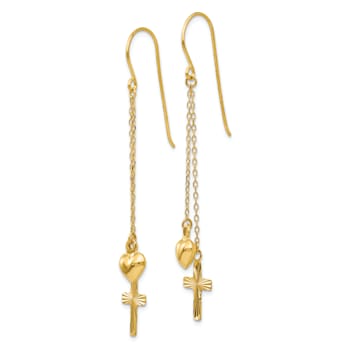 14k Yellow Gold Ropa Chain Puffed Heart and Diamond-Cut Cross Dangle Earrings