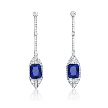 Sapphire Color CZ Square Drop Earrings In Sterling Silver
