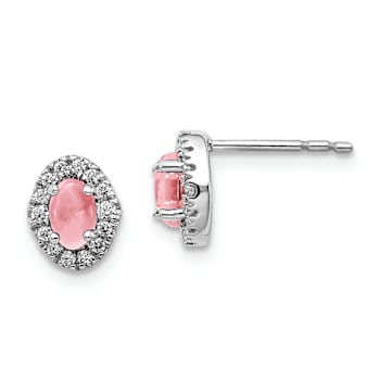 Rhodium Over 14K White Gold Diamond and Cabochon Pink Tourmaline Earrings