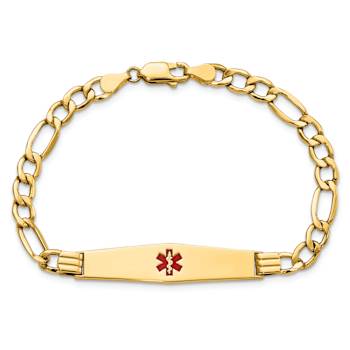 14k Yellow Gold Medical Soft Diamond Shape Red Enamel Figaro Link ID Bracelet