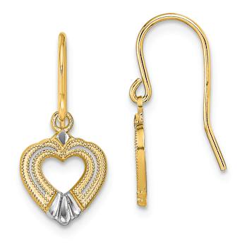 14K Two-tone Gold Polished and Textured Heart Dangle Earrings