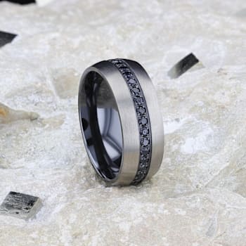 AVIATOR Domed Brushed Titanium Men's Wedding Band with Black Sapphire
Stones Inlay 8mm
