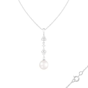 White Cultured Freshwater Pearl and Diamond 14K White Gold Pendant 7-7.5mm