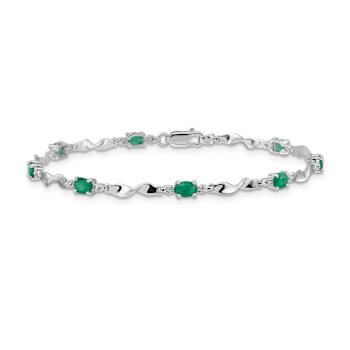 Rhodium Over 10k White Gold Diamond and Green Emerald Bracelet