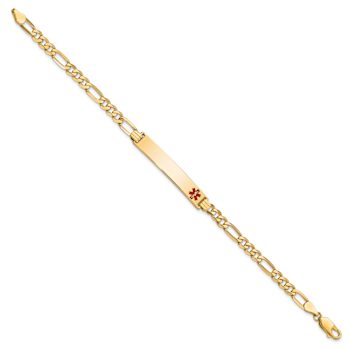 14k Yellow Gold Medical Red Enamel Flat Figaro Link ID Bracelet