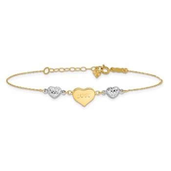 14k Two-tone Gold Puffed Love Heart and Diamond-Cut Hearts Bracelet