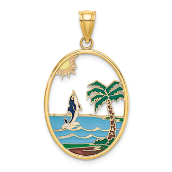 14k Yellow Gold Multi-color Enamel Dolphin Jumping In Beach Scene Charm