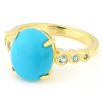 Turquoise And Blue Topaz Oval Ring In 18K Gold Over Sterling Silver 0.13ctw