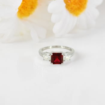Red Lab Grown Ruby Rhodium Over Sterling Silver Three Stone Ring