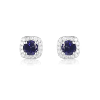 Blue Sapphire with Moissanite Sterling Silver Halo Stud Earrings