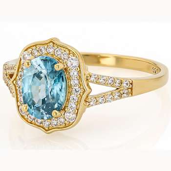 Blue Zircon And White Zircon Oval Ring In 18K Gold Over Sterling Silver 2.23ctw