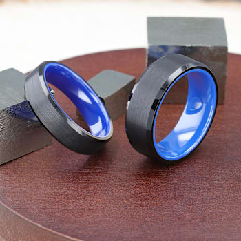 RIGEL Flat Beveled Edges Black Tungsten Ring with Brushed Center and
Vibrant Blue Ceramic Inside 6mm