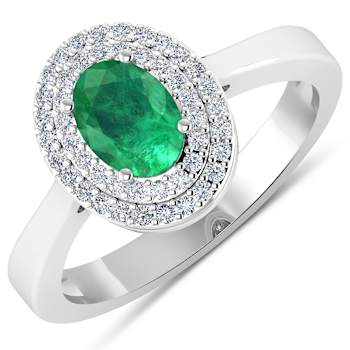 0.86ctw Green Emerald and Diamond 14K White Gold Halo Ring