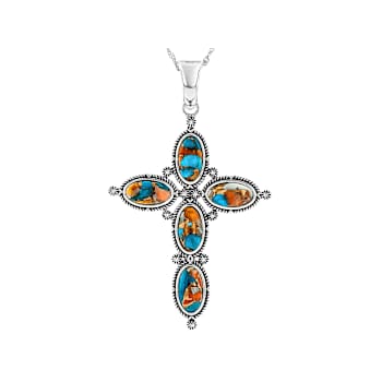 SpIny Oyster And Turquoise Cross Enhancer Necklace In Oxidized Sterling Silver