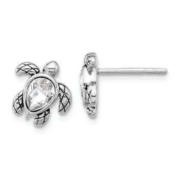 Rhodium Over Sterling Silver Antiqued Crystal April Birthstone Turtle Earrings