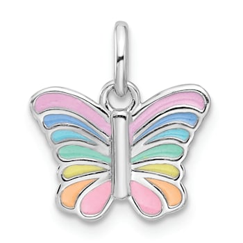 Rhodium Over Sterling Silver Multi-color Enameled Butterfly Children's Pendant