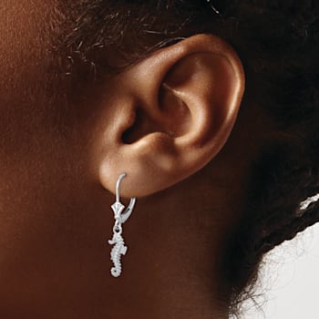 Rhodium Over 14k White Gold 3D Textured Seahorse Dangle Earrings