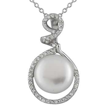 11-12mm Button White Cultured Freshwater Pearl and CZ Rhodium Over
Sterling Silver Pendant